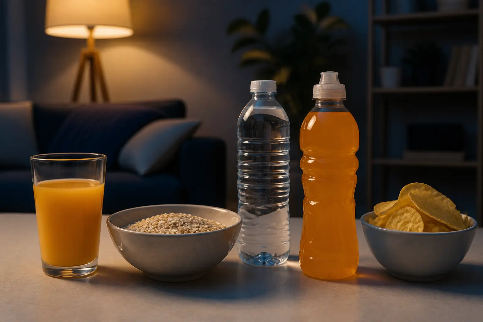 Різноманітні продукти на столі: сік, вівсянка, вода, спортивний напій і чипси