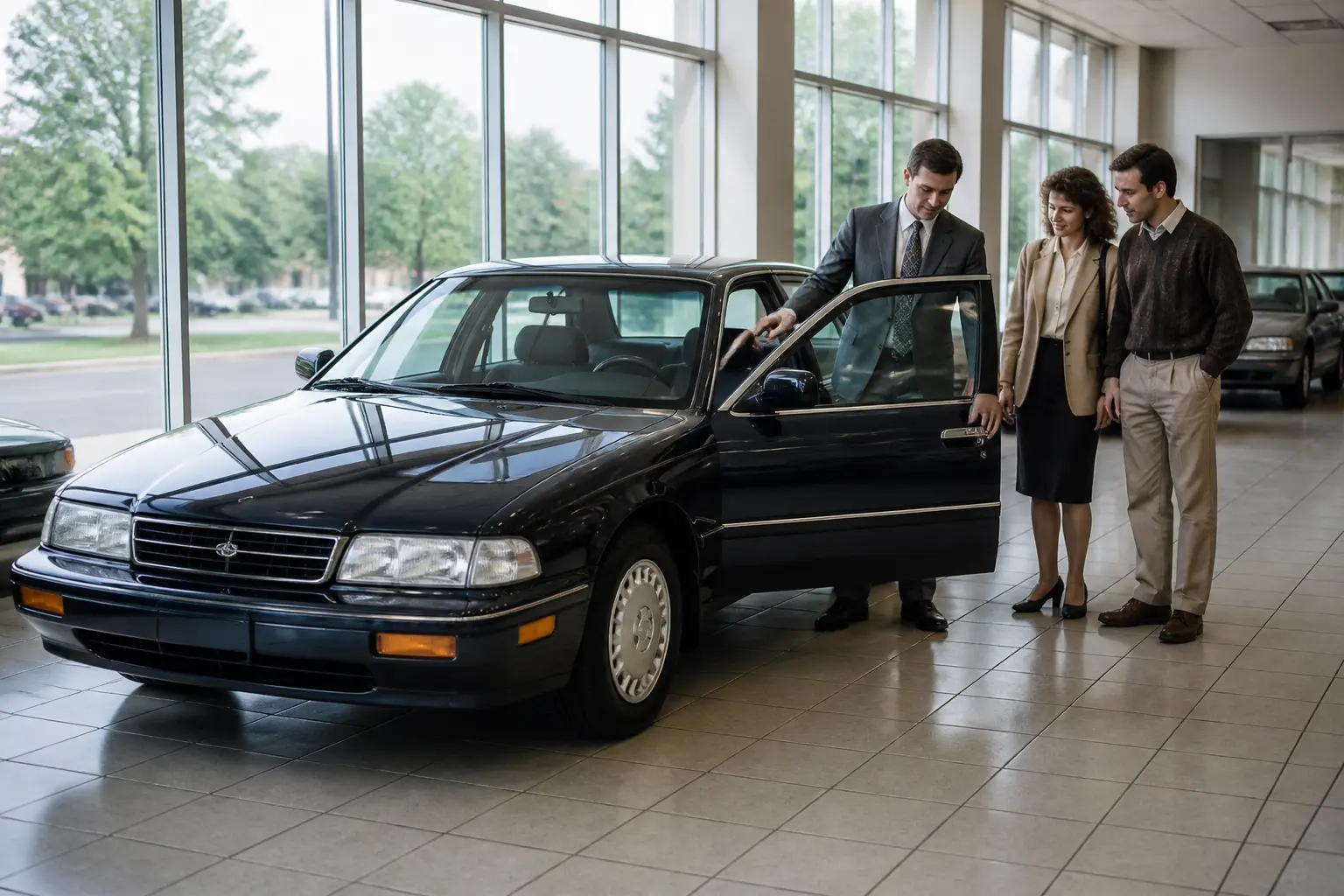 Infiniti Q45 1990 року в дилерському центрі, продавець відчиняє двері перед клієнтами