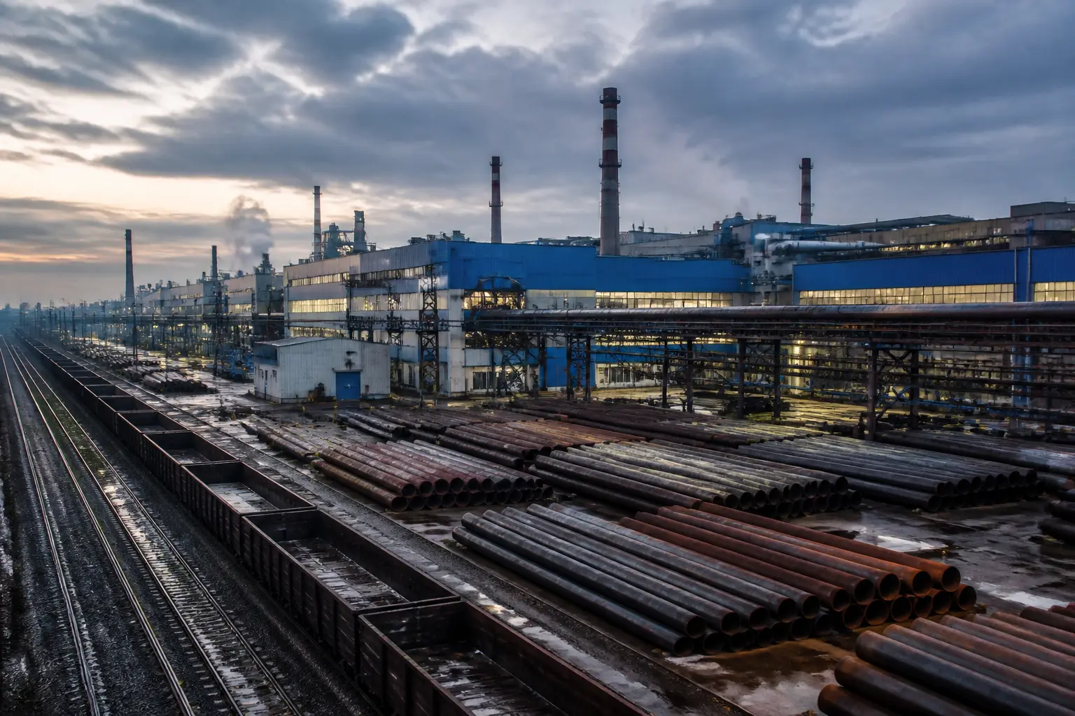 Промисловий майданчик трубного заводу зі складами сталевих труб
