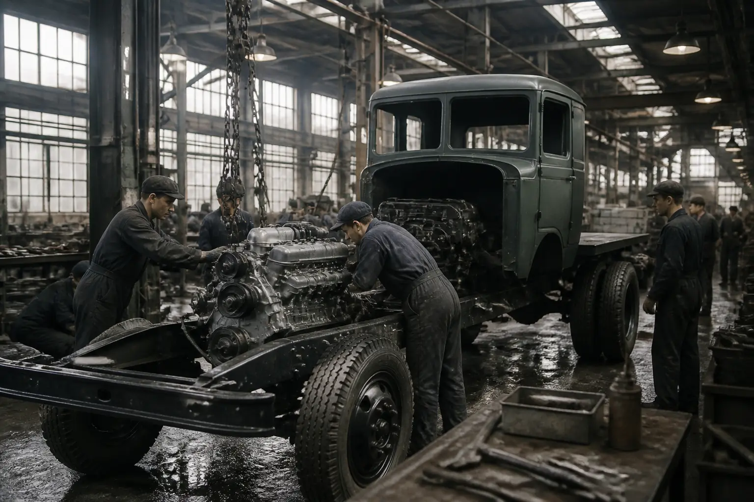 Робітники збирають перші вантажівки Isuzu на заводі в Японії, 1930-ті роки