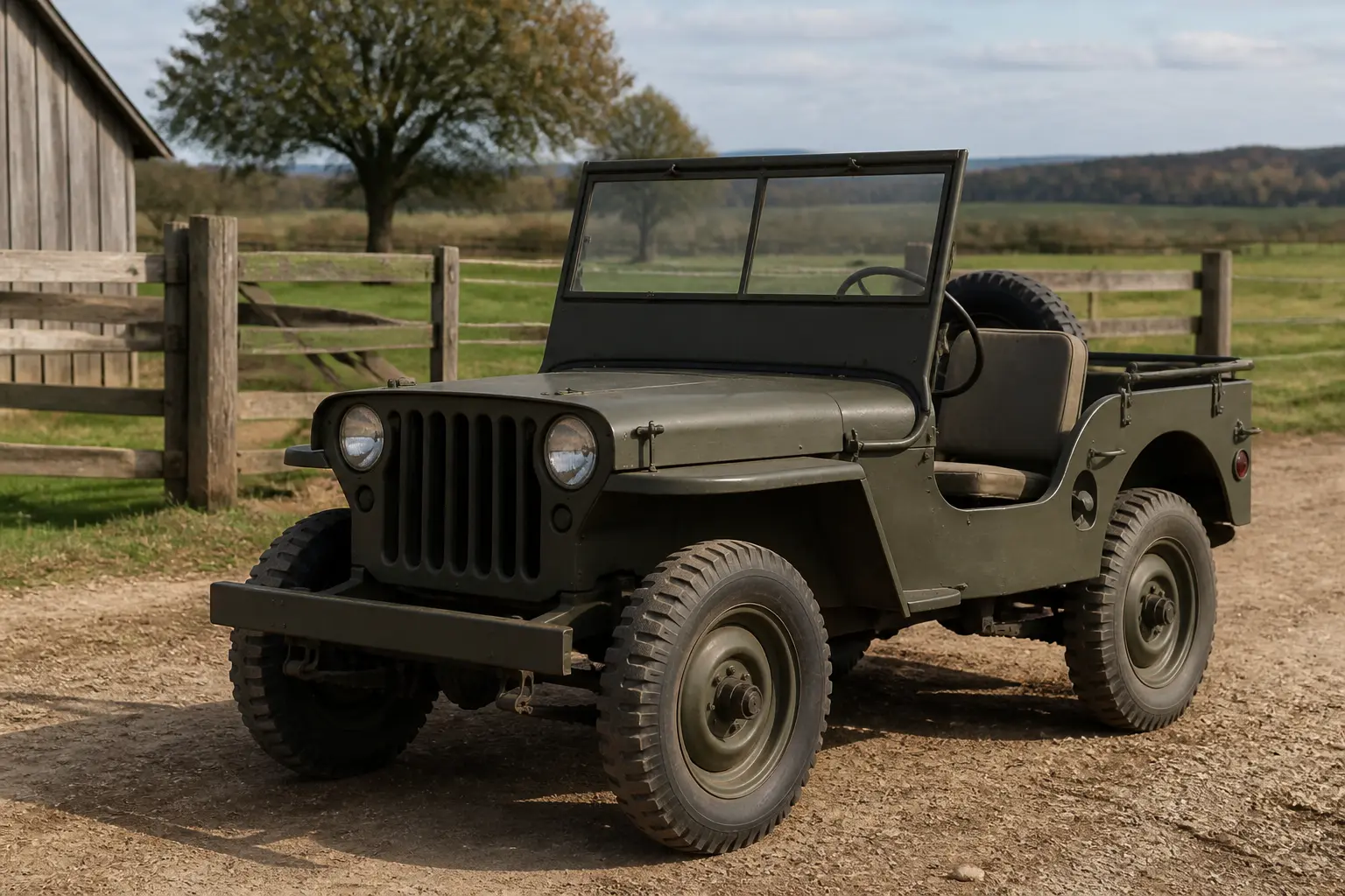 Цивільний Jeep CJ-2A на сільській дорозі біля ферми