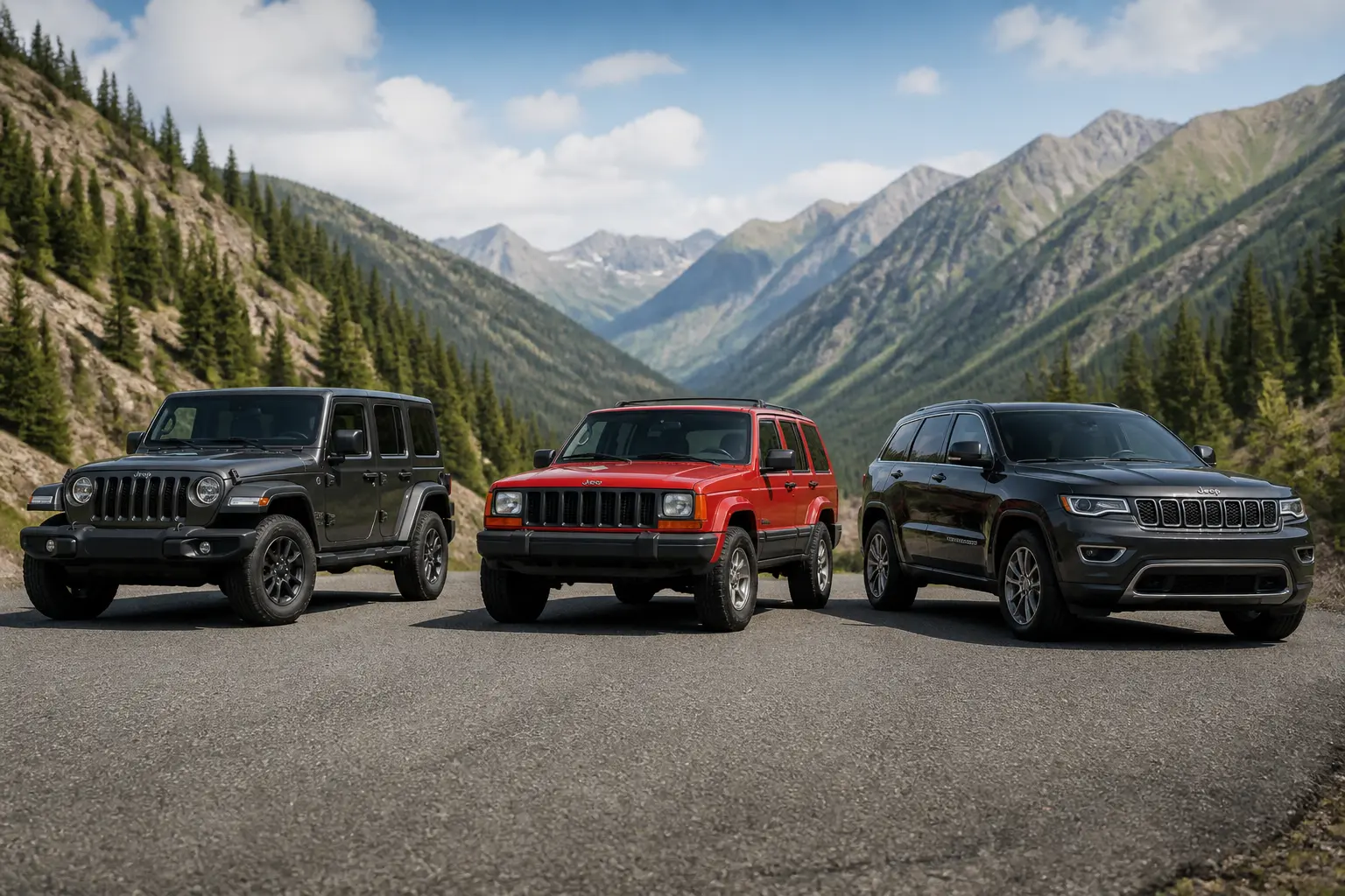 Три покоління Jeep: Wrangler, Cherokee XJ та Grand Cherokee на тлі гір