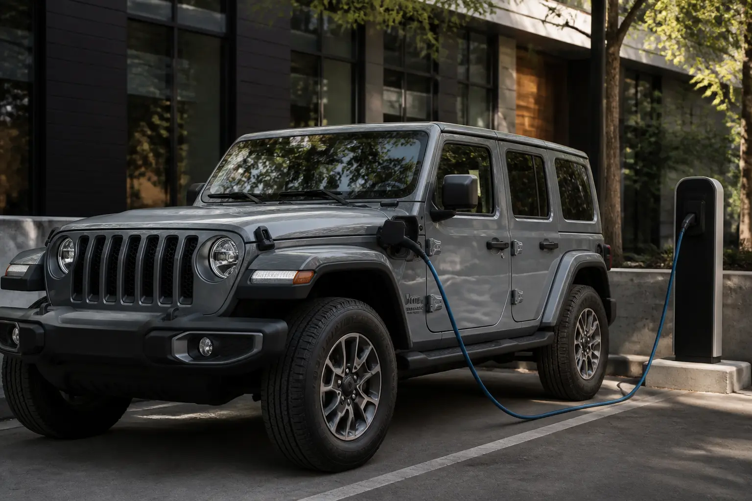 Сучасний Jeep Wrangler 4xe на зарядній станції в місті