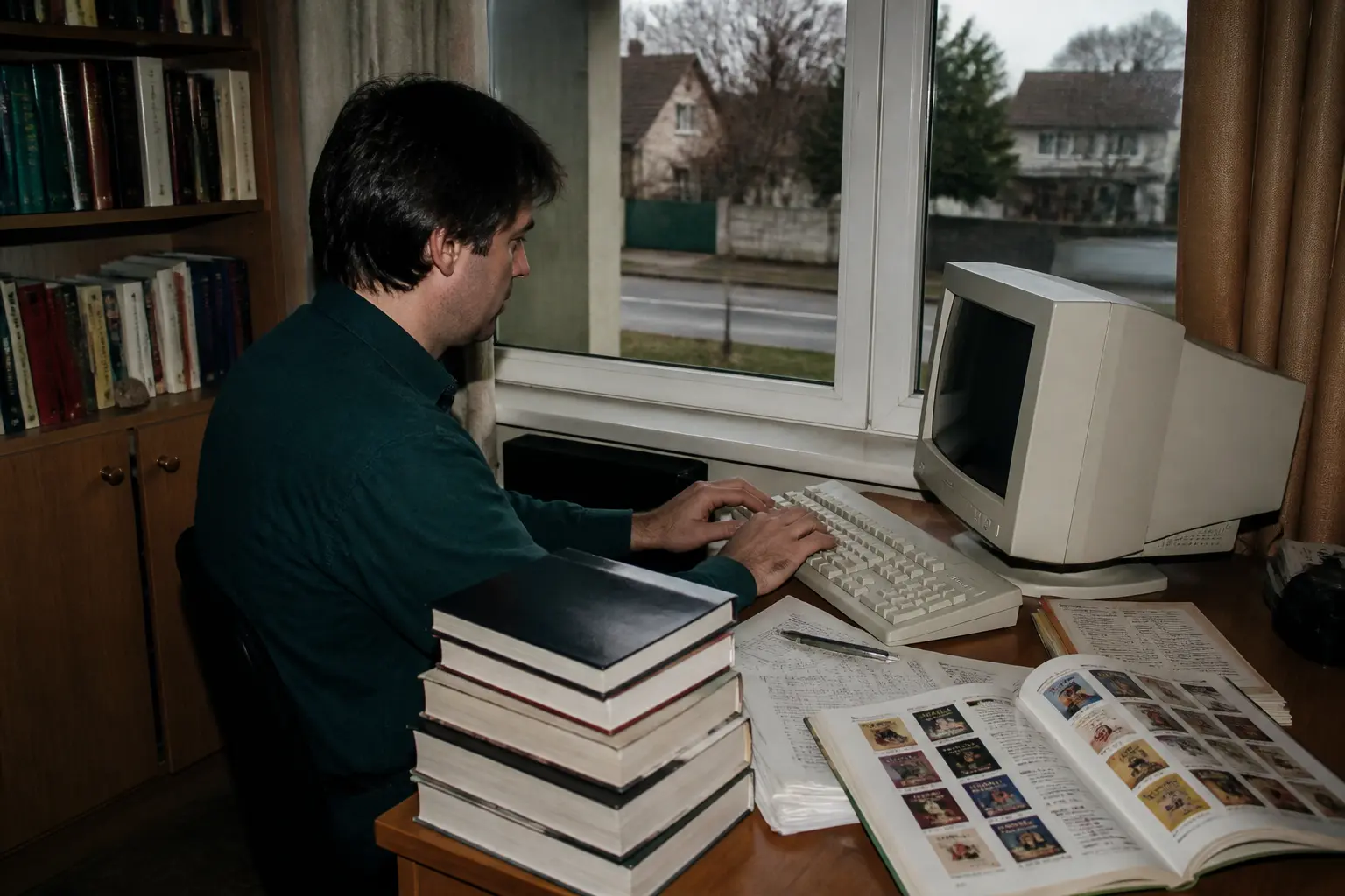 Домашній офіс середини 1990-х з книжками та комп'ютером