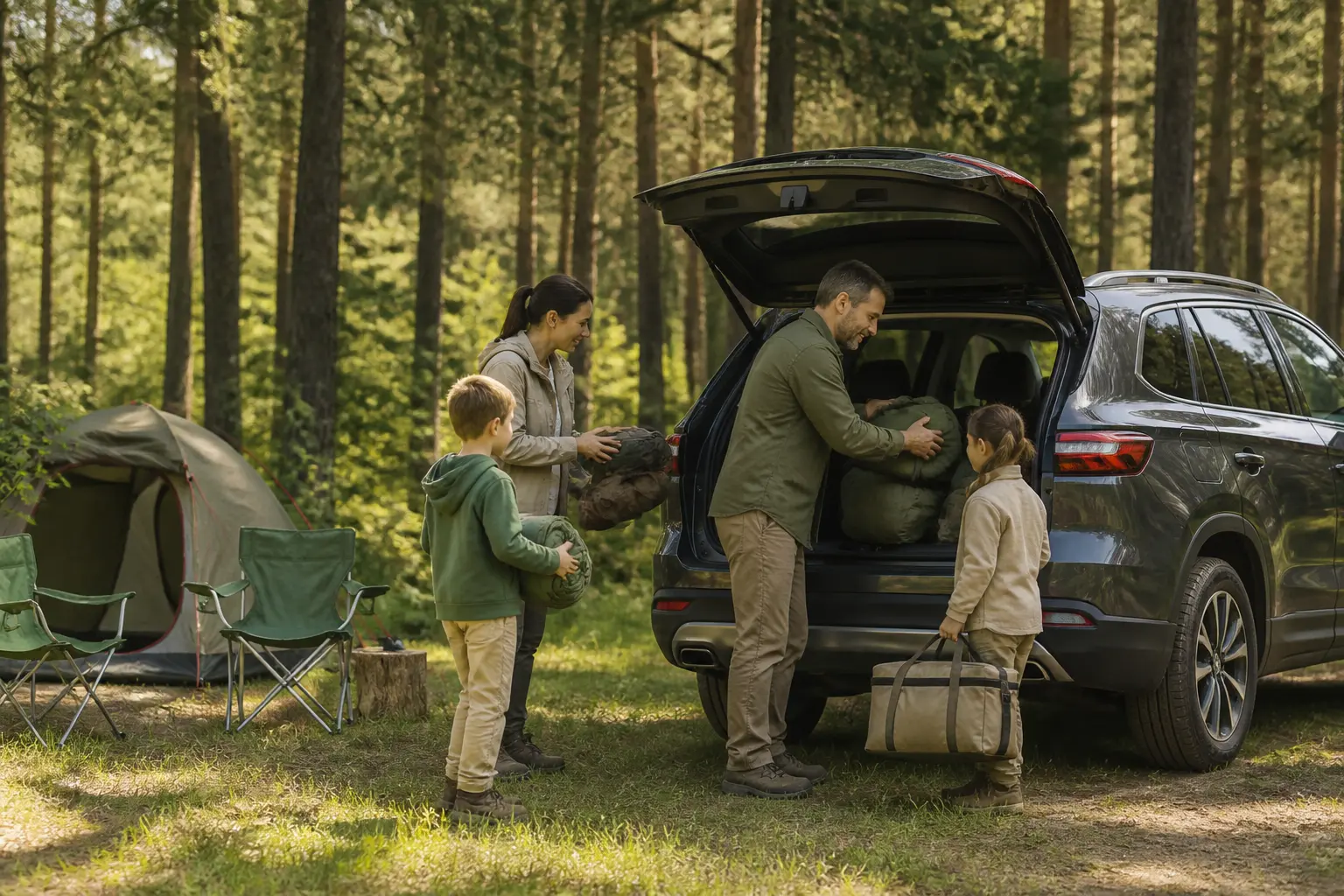 Родина завантажує спорядження в туристичний SUV Jetour