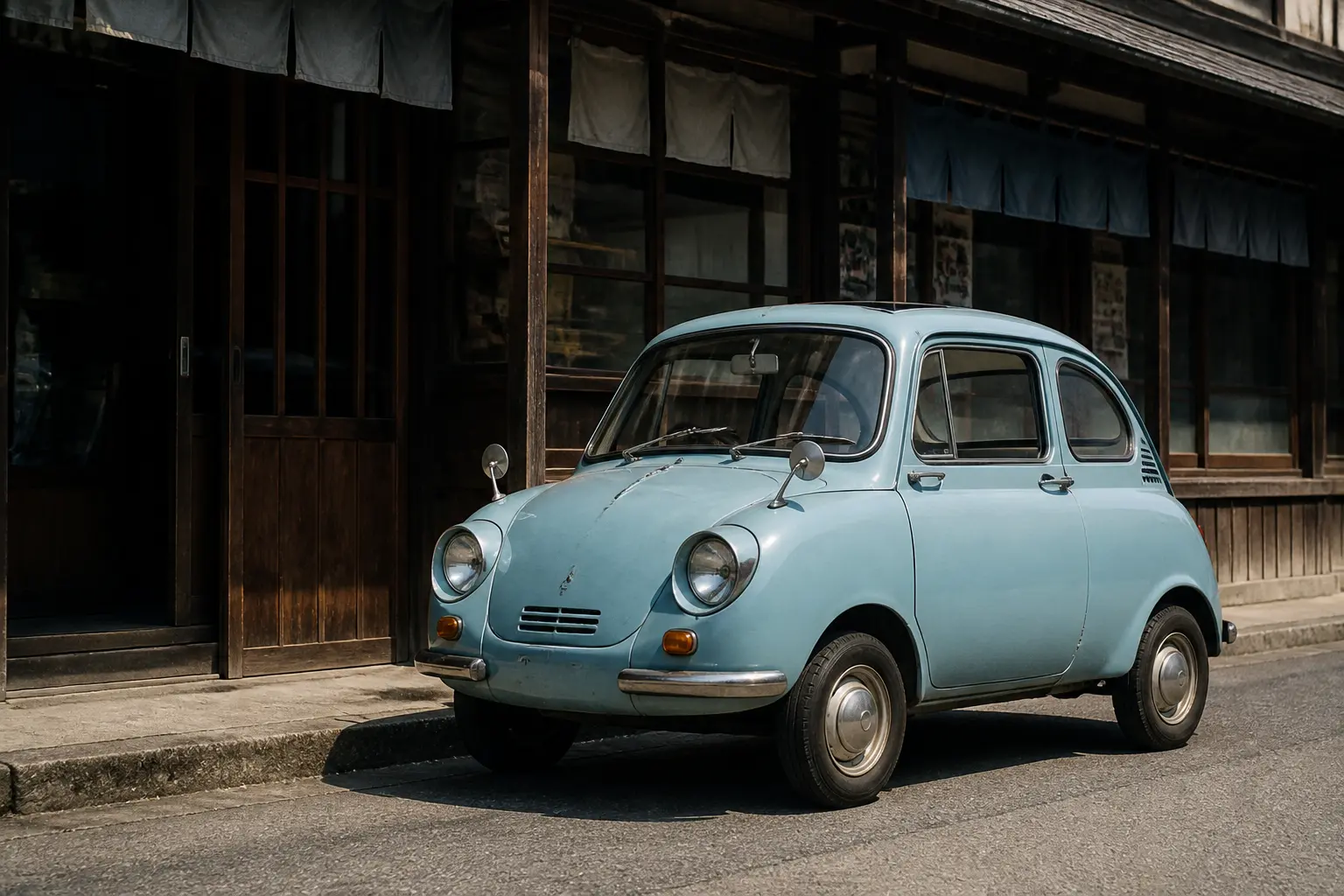 Вінтажний японський мікроавтомобіль 1960-х біля старовинного магазину