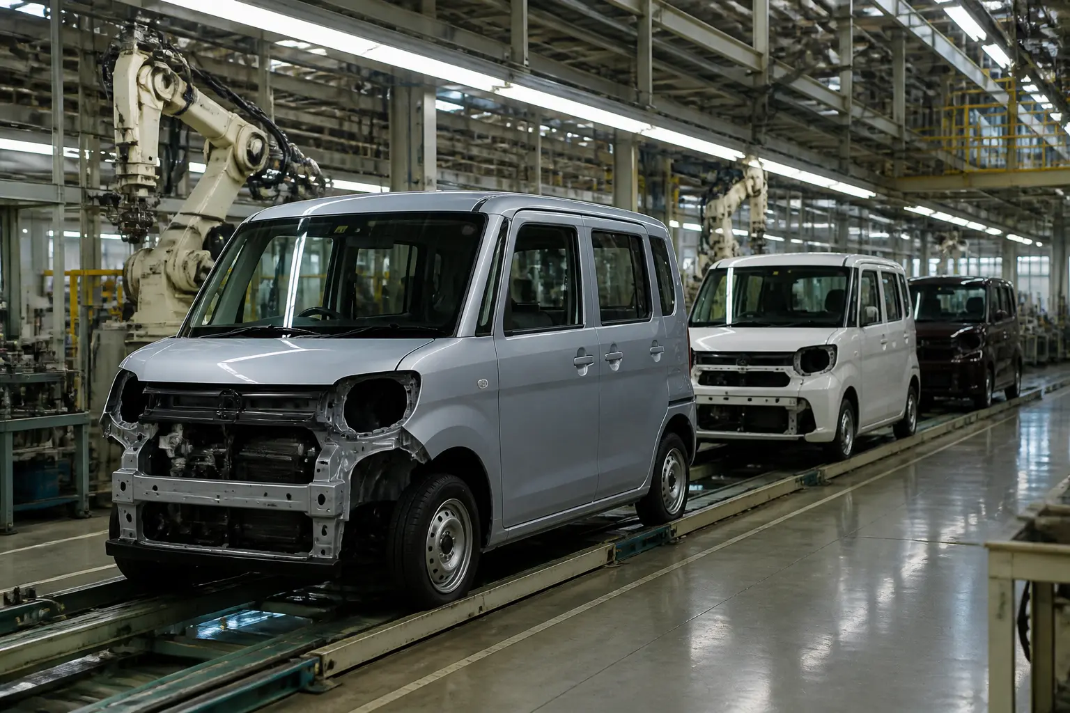 Конвеєр складання компактних автомобілів на сучасному японському заводі