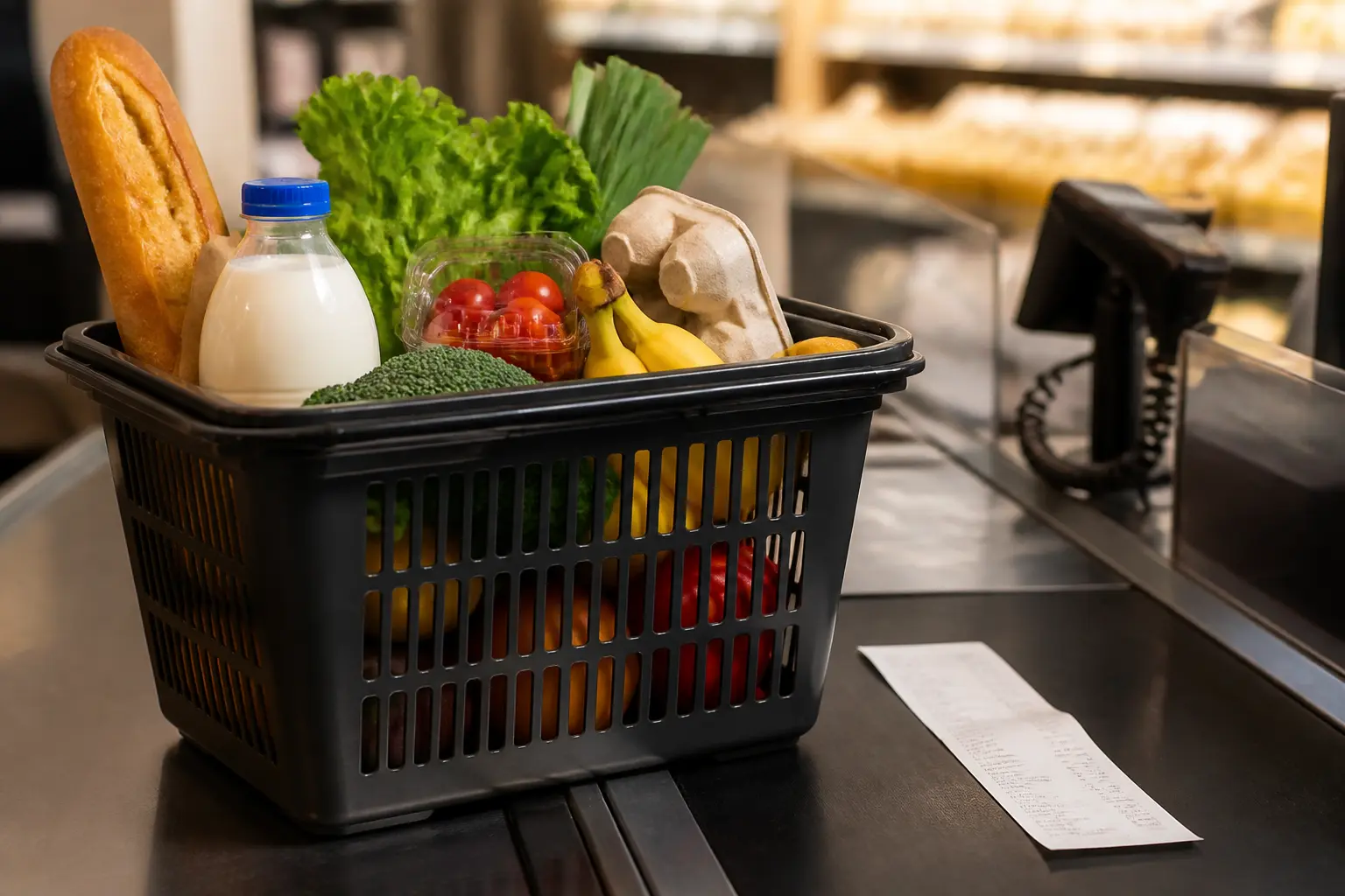 Корзина с продуктами на кассе супермаркета как представление о потребительской корзине