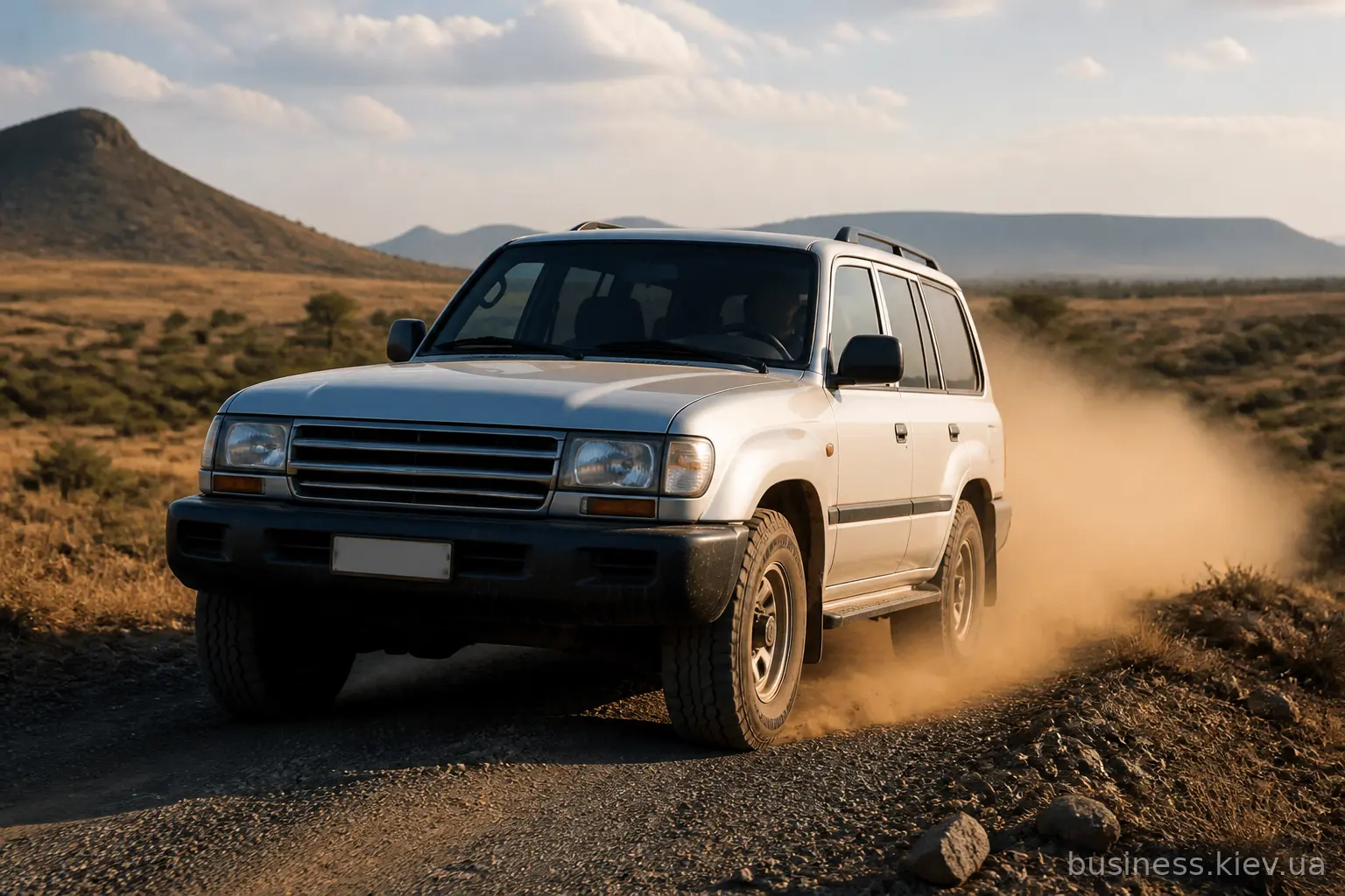 Великий рамний позашляховик типу Toyota Land Cruiser на ґрунтовій дорозі