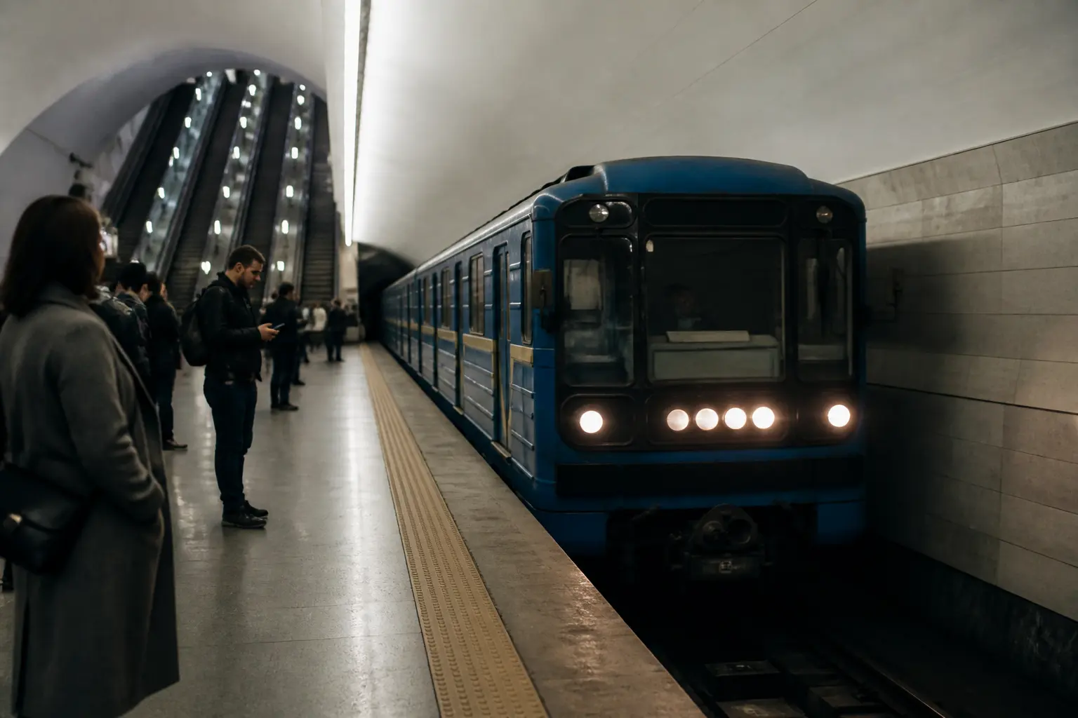 Потяг київського метро прибуває на станцію