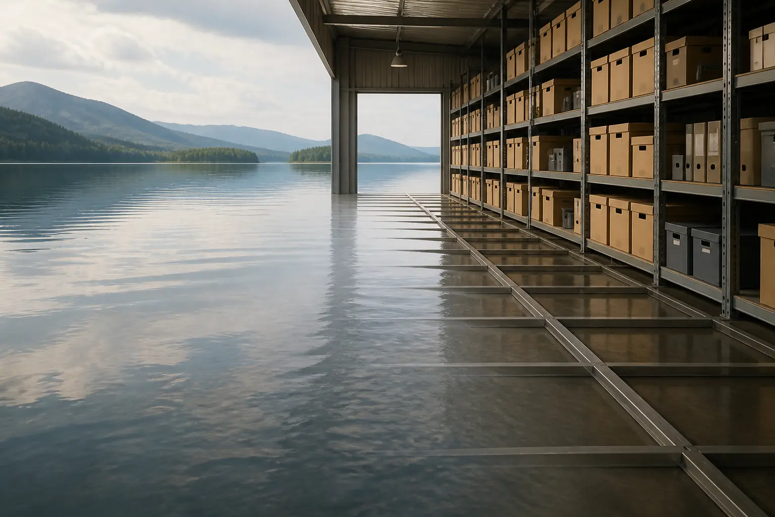 Концептуальна ілюстрація lakehouse: озеро даних, що переходить у впорядковане сховище