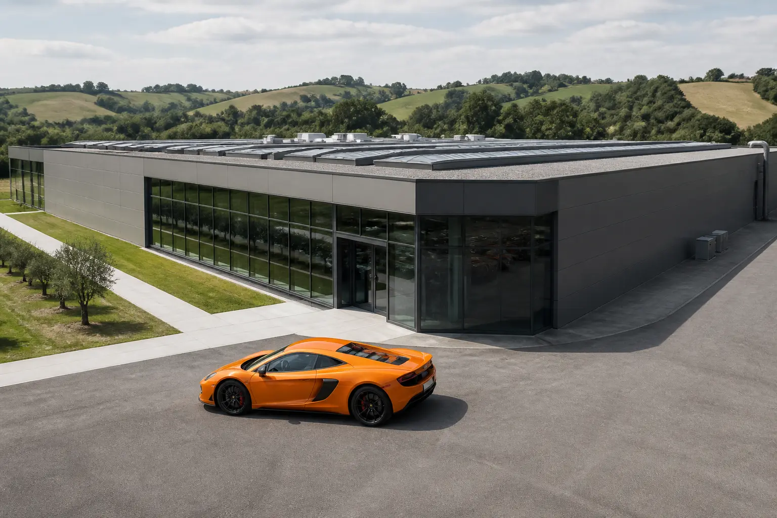 Завод Lamborghini в Сант-Агата-Болоньезе и суперкар у входа