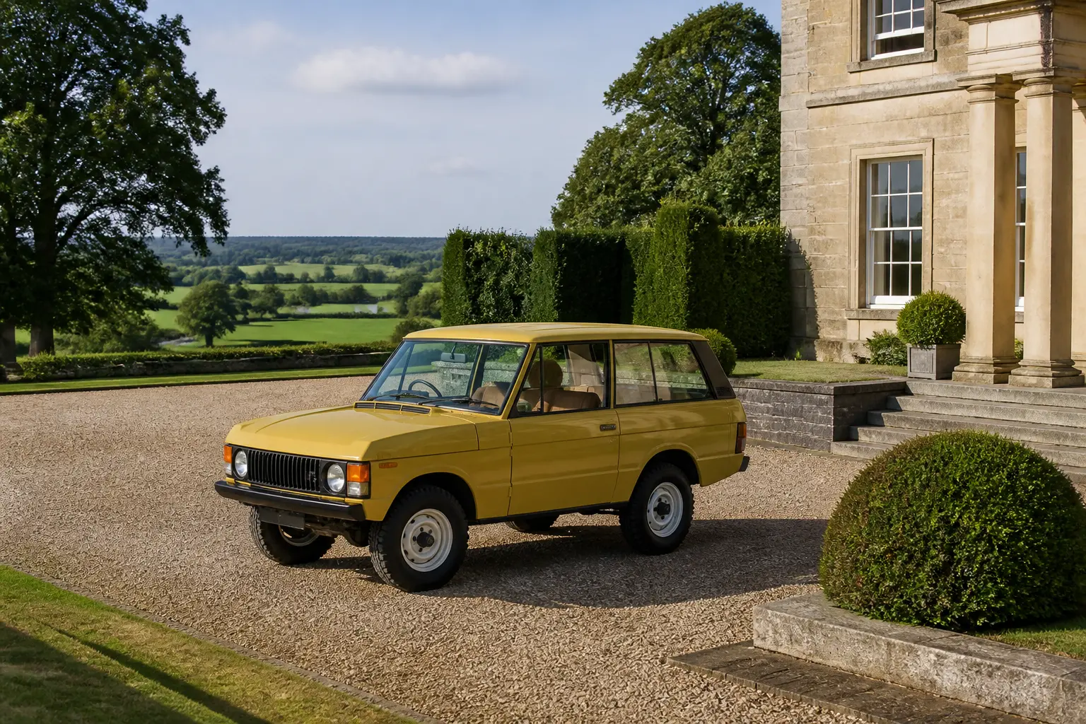 Классический Range Rover 1970 года на подъездной дороге загородного поместья