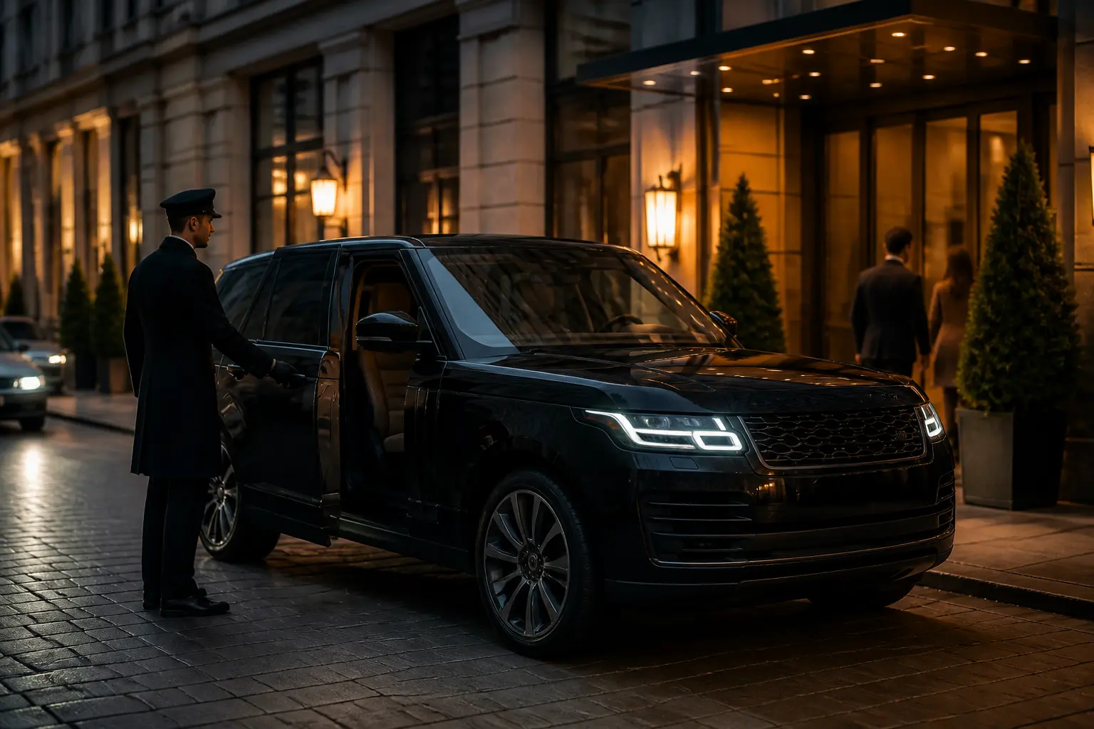 Роскошный Range Rover возле фешенебельного отеля вечером