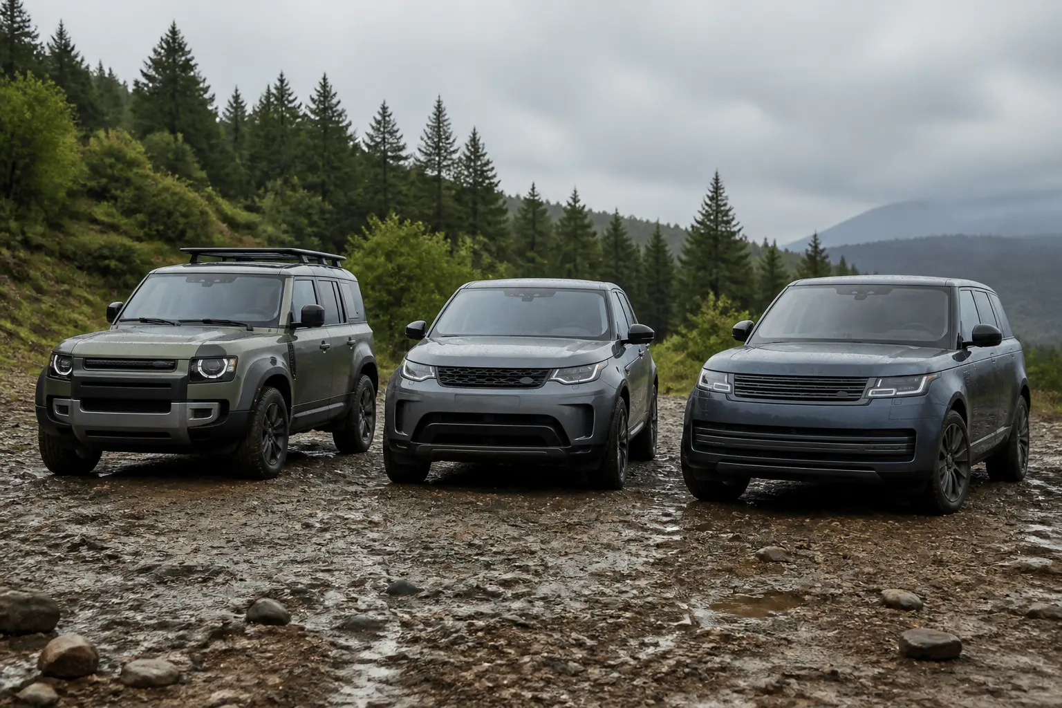 Три модели Land Rover на бездорожье: Defender, Discovery и Range Rover