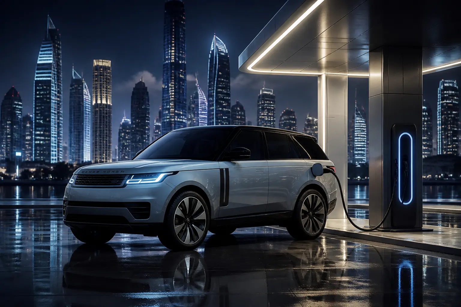 Электрический Range Rover заряжается на станции в футуристическом городе ночью