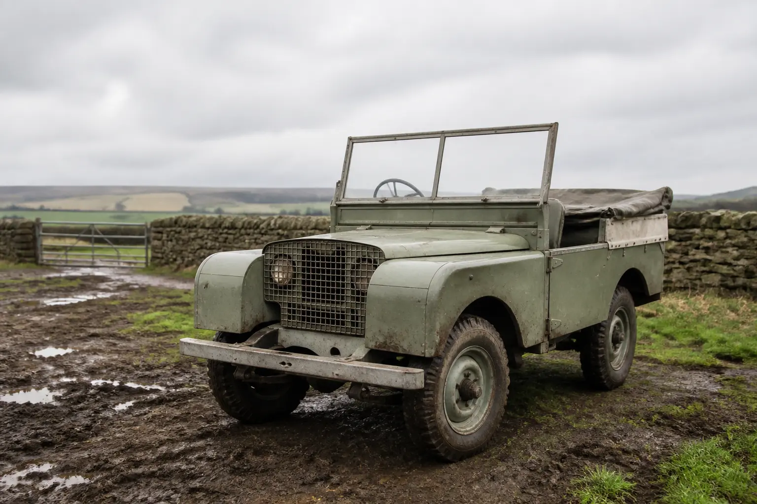 Первый Land Rover Series I 1948 года на фермерском поле в Великобритании