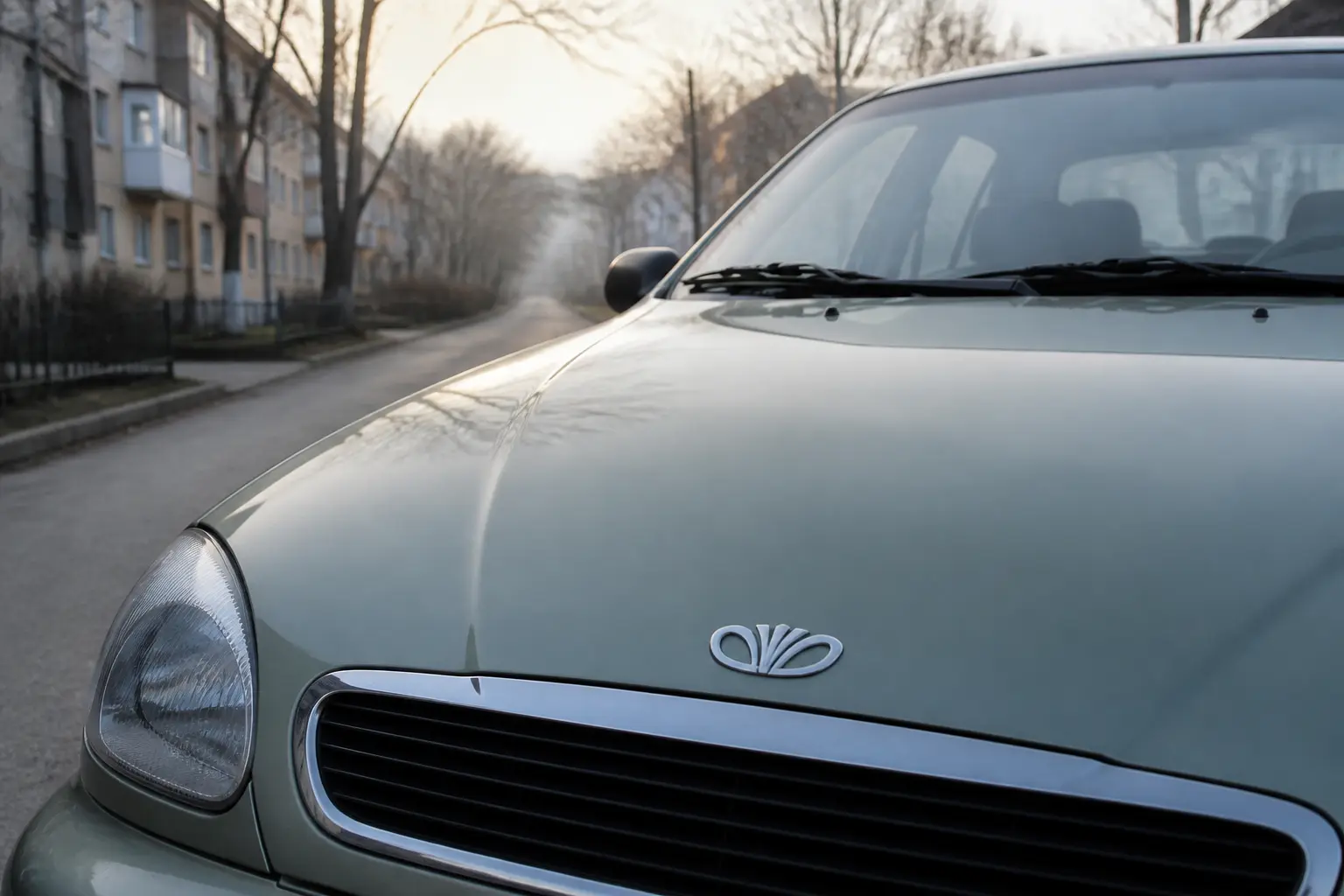Эмблема Daewoo Lanos на капоте автомобиля в начале 2000-х годов