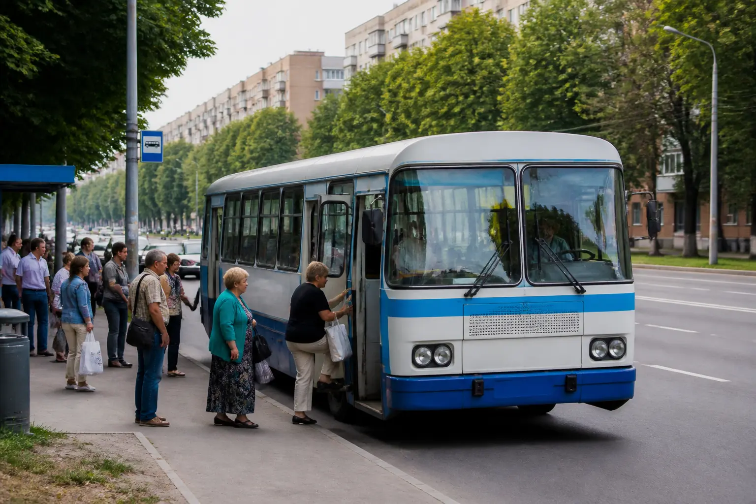 Городской автобус на остановке в украинском городе