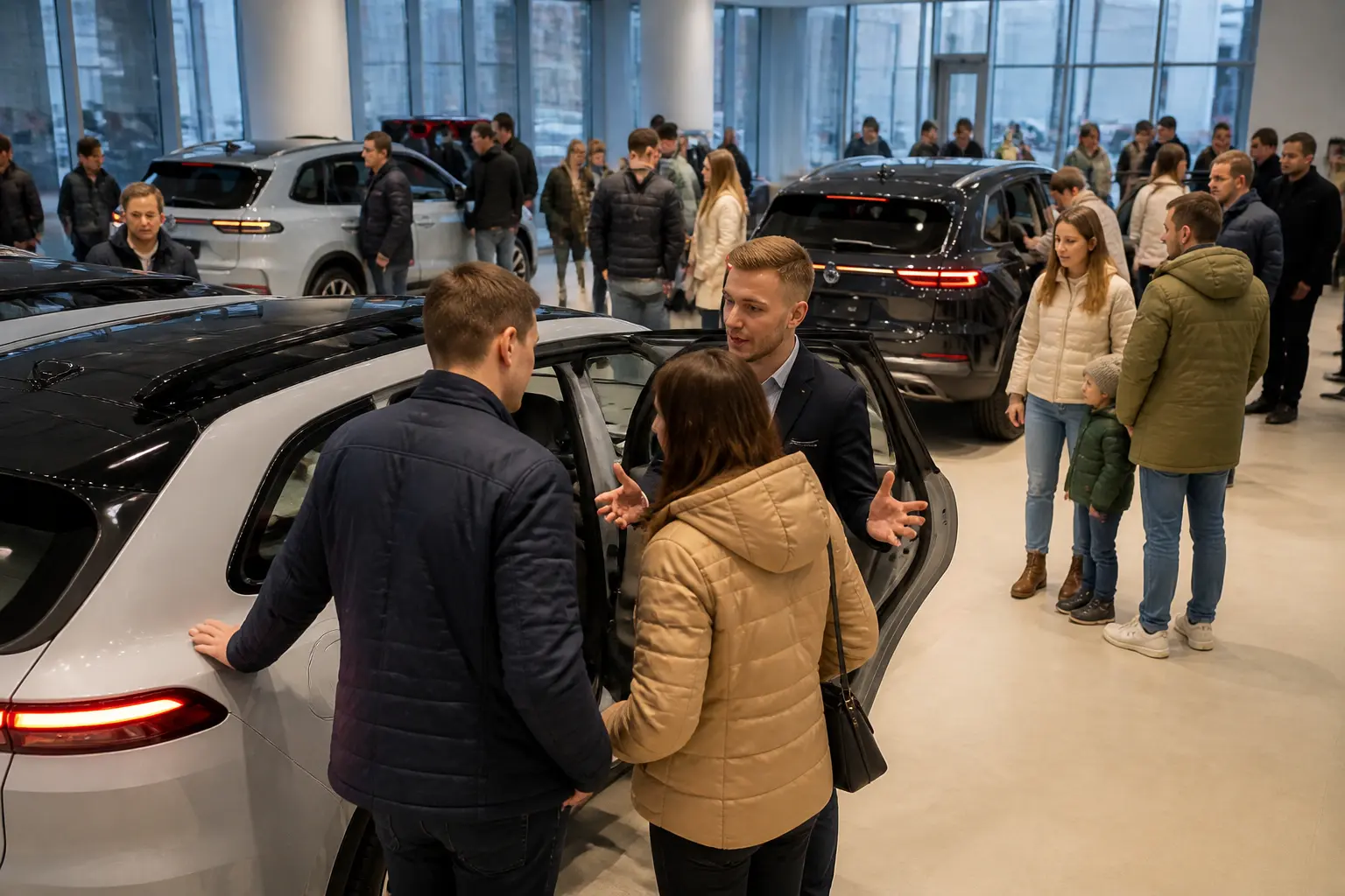 Люди осматривают электромобили в современном автосалоне
