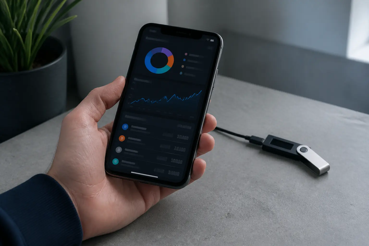 Смартфон із фінансовим дашбордом та підключеним апаратним гаманцем