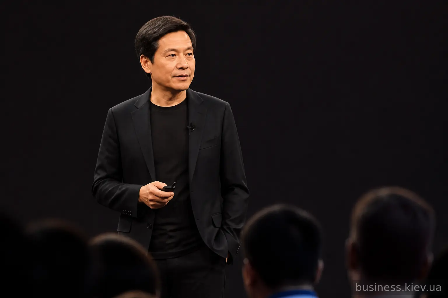 Lei Jun на сцені під час презентації в темній футболці та піджаку
