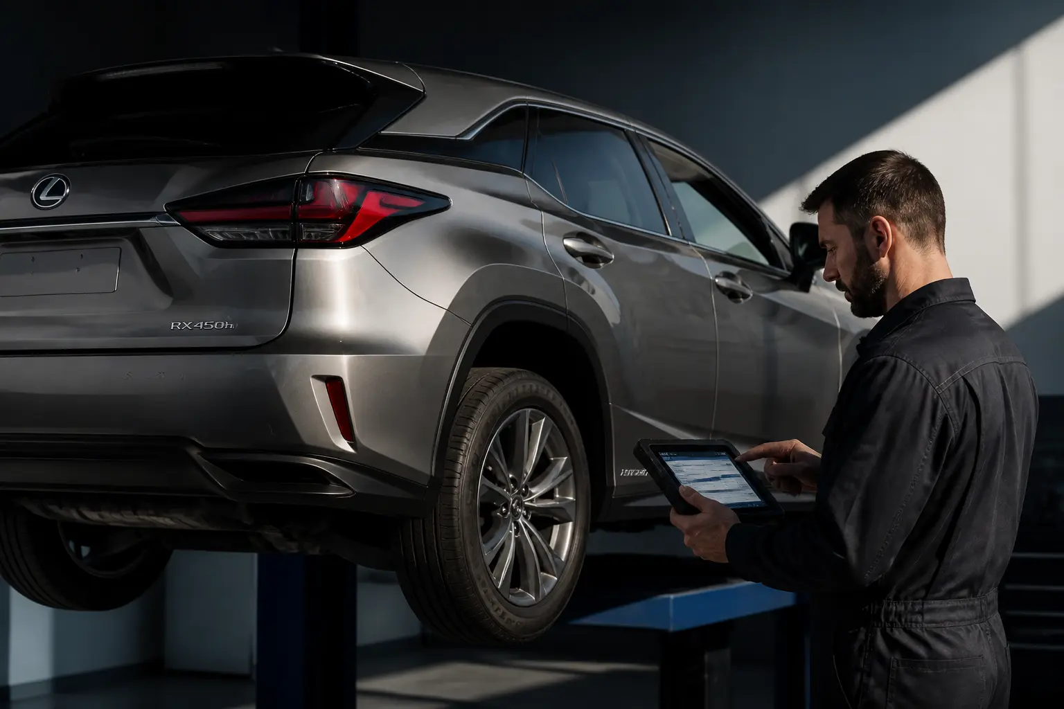 Мастер проводит диагностику гибридного Lexus RX в сервисном центре
