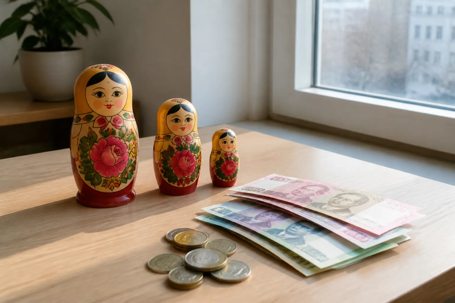 Матрьошки різного розміру поруч із купюрами та монетами як образ вкладених грошових агрегатів