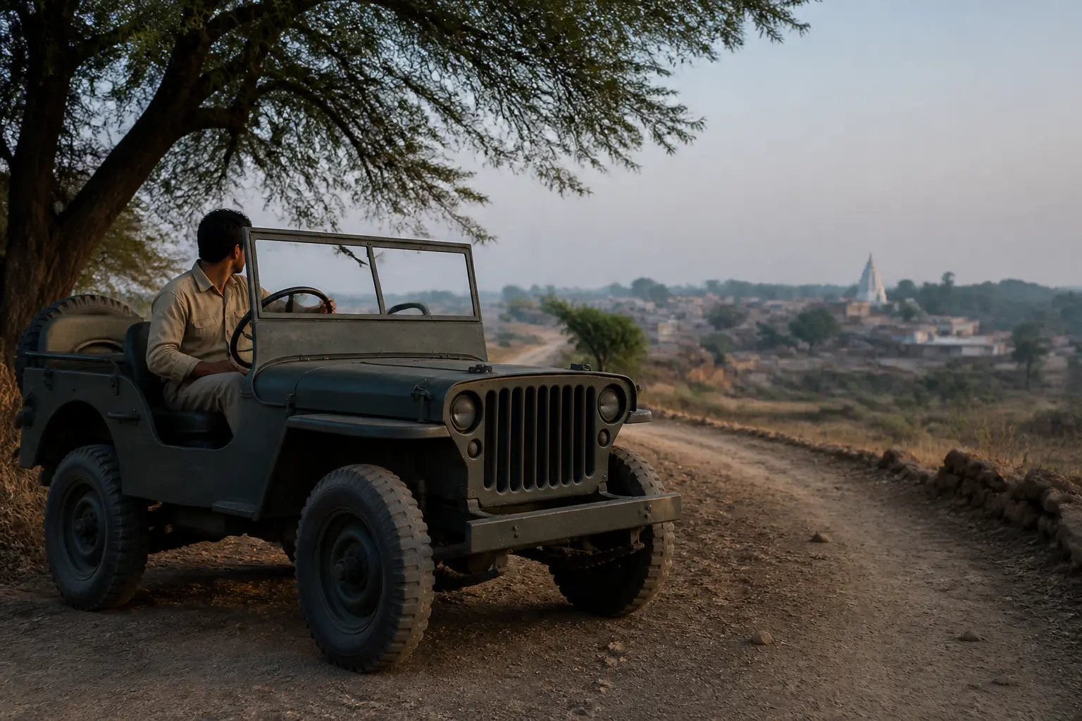 Классический Willys Jeep на просёлочной дороге в Индии
