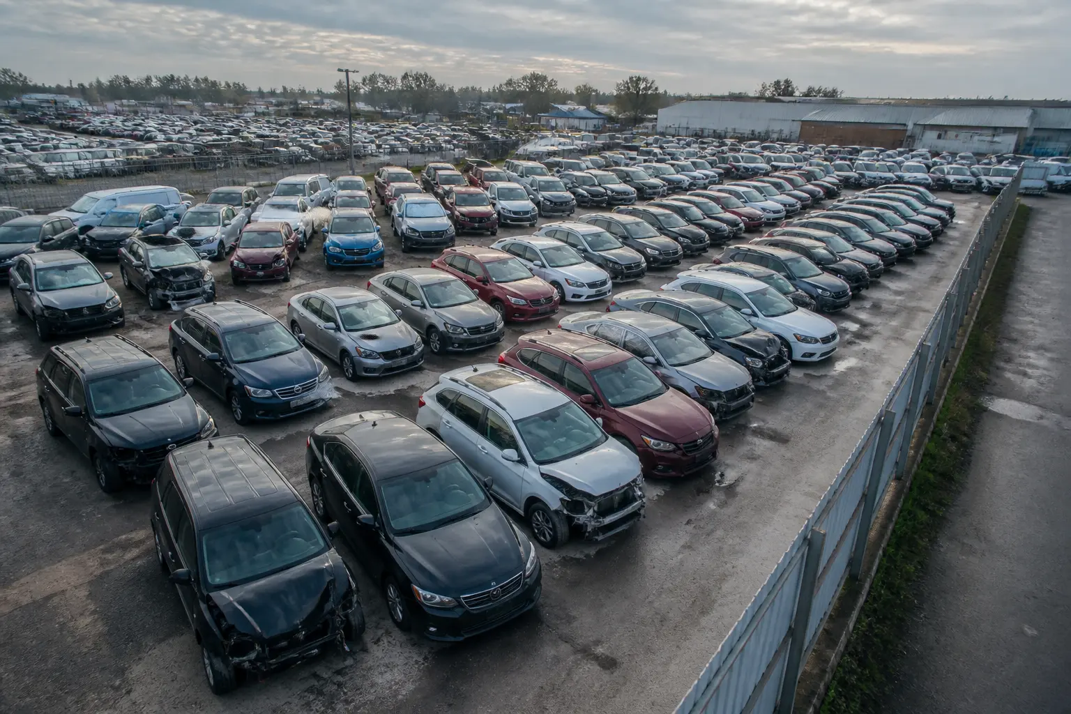 Аэрофотосъемка страхового аукциона Copart с поврежденными автомобилями