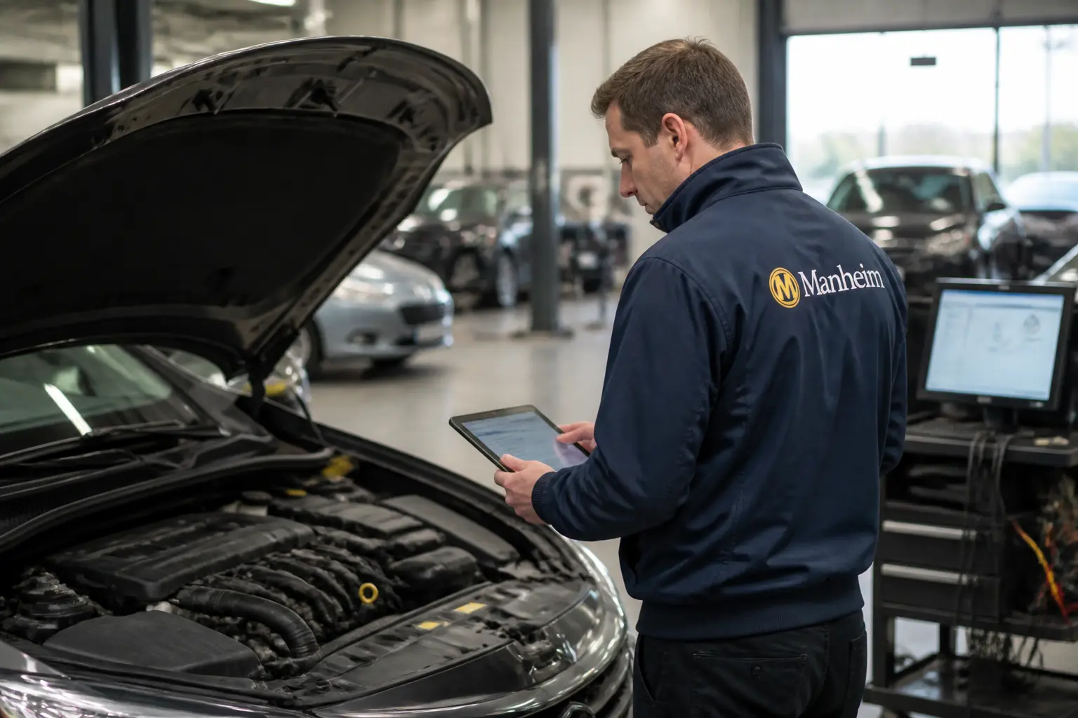 Инспектор Manheim осматривает моторный отсек автомобиля