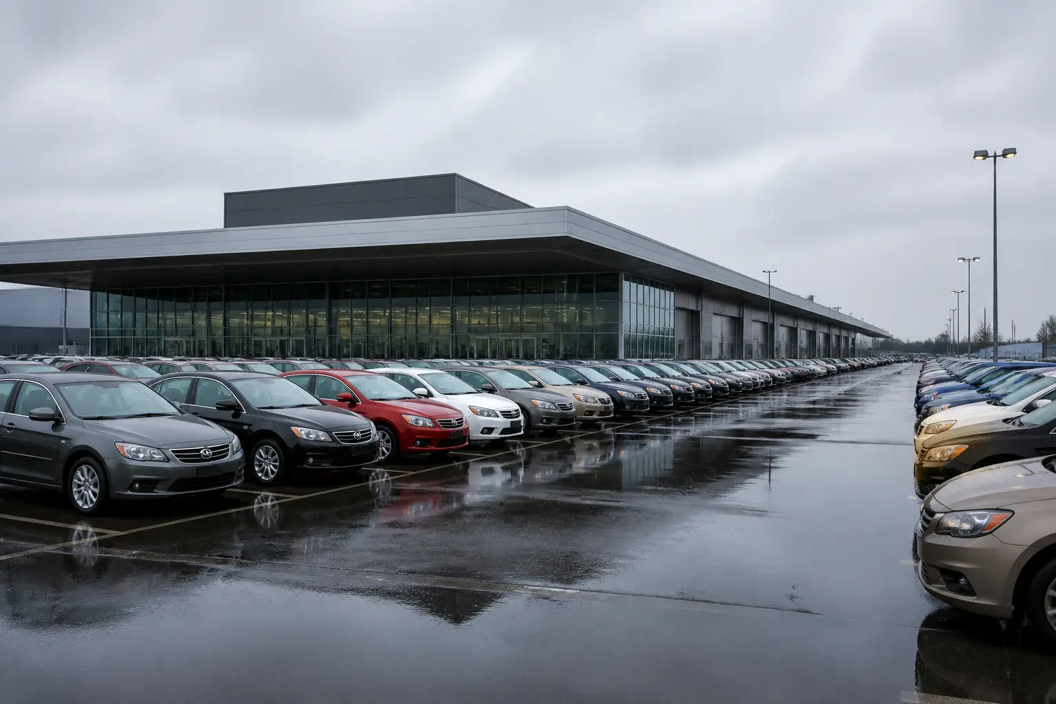 Здание аукциона Manheim с рядами подержанных авто на площадке