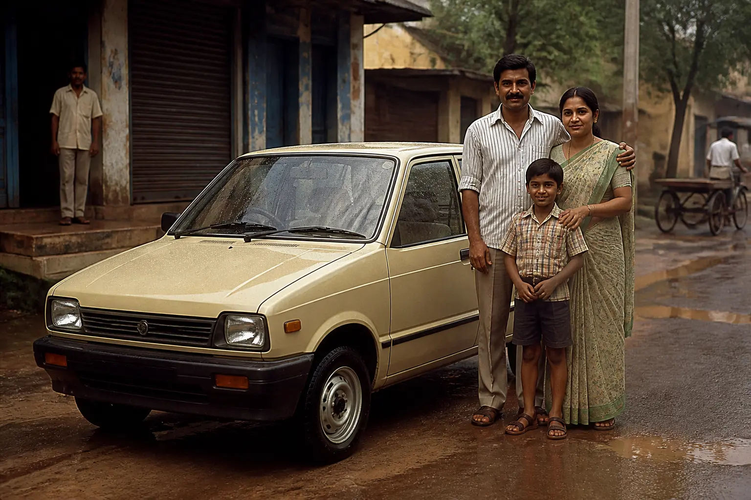 Родина біля автомобіля Maruti 800 на індійській дорозі у 1980-х роках