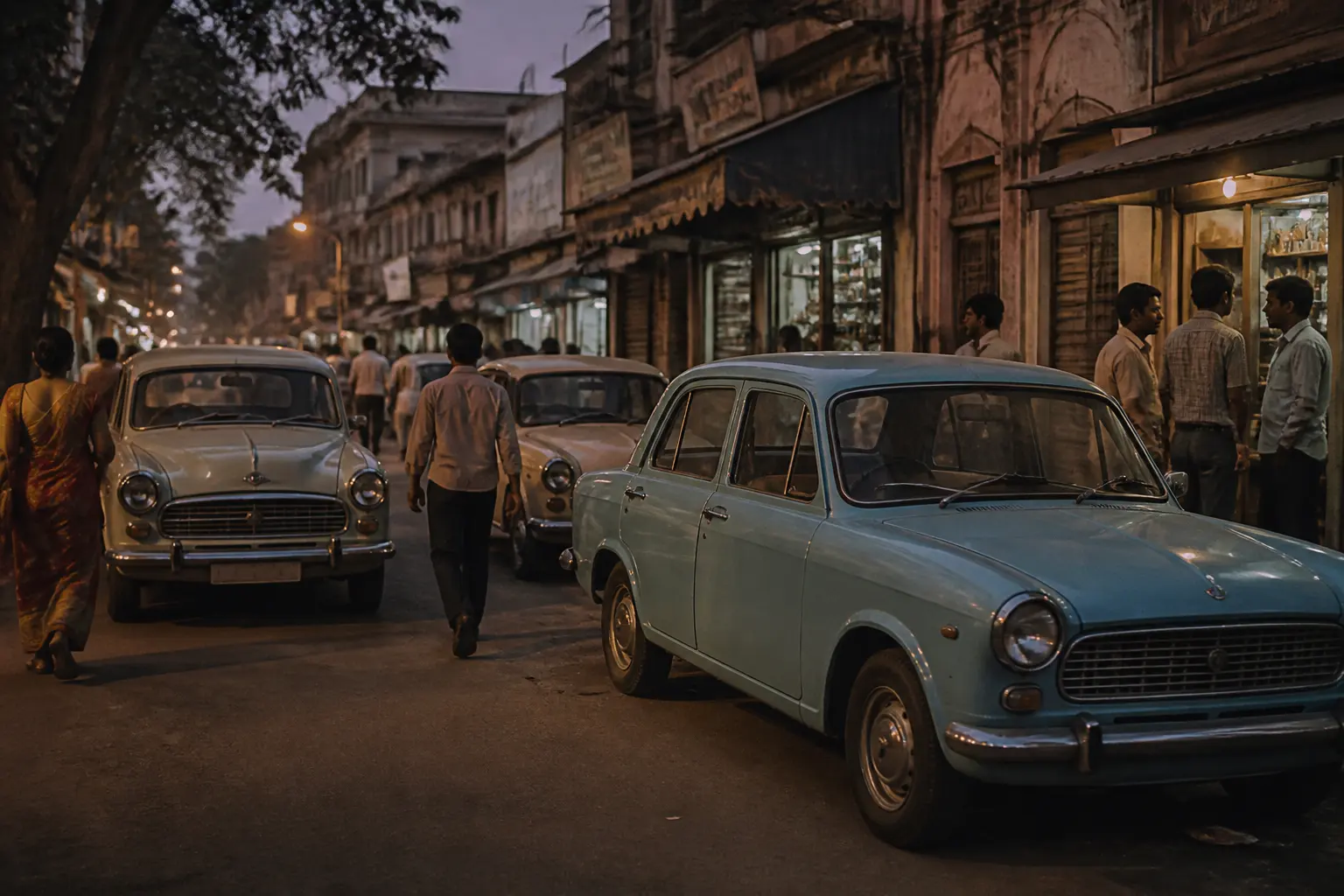 Вулиця індійського міста 1970-х років із автомобілями Ambassador та Premier Padmini