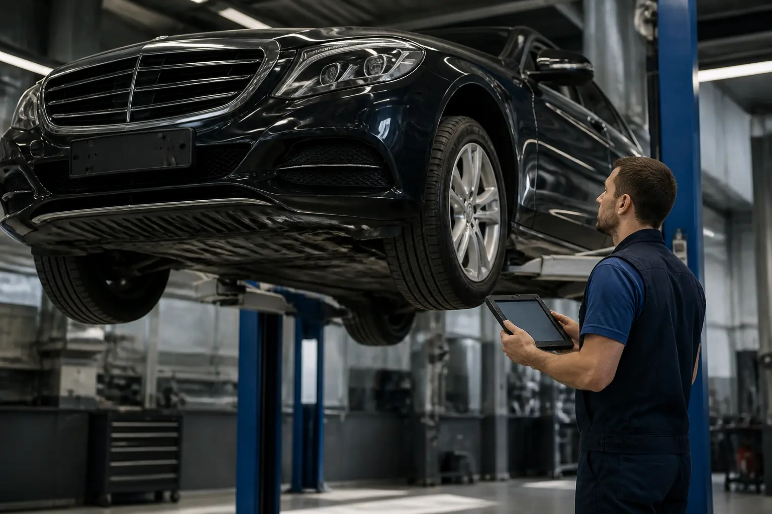 Механик осматривает Mercedes-Benz на подъемнике в сервисном центре