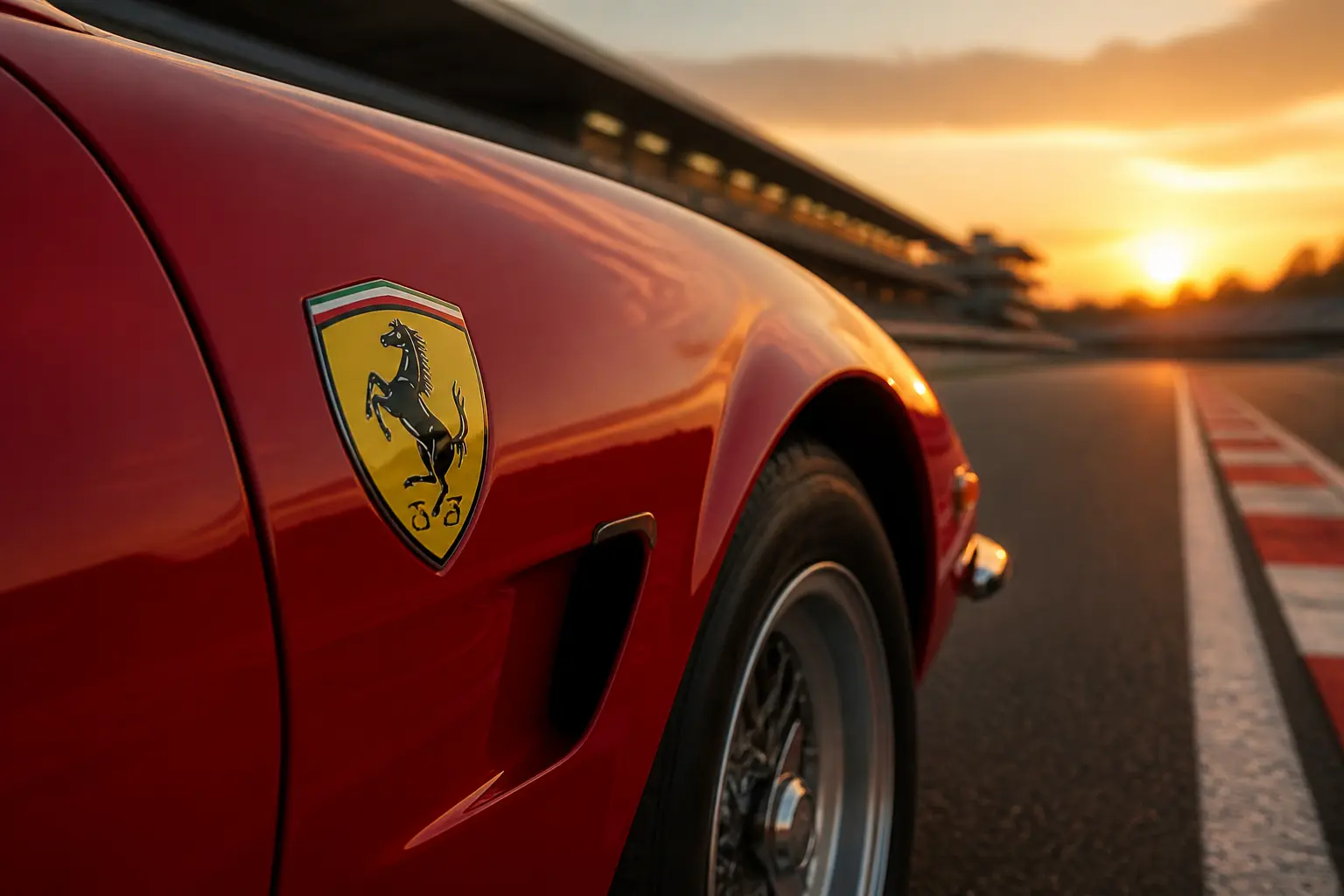 Кінь Ferrari на жовтому щиті на червоному спорткарі