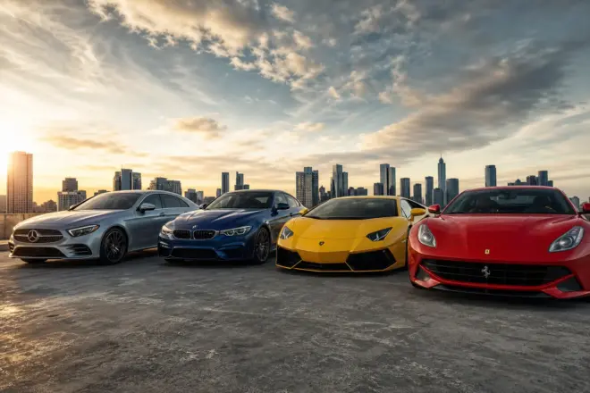 Логотипи автомобільних брендів: зірка Mercedes, пропелер BMW, бик Lamborghini і коні Ferrari