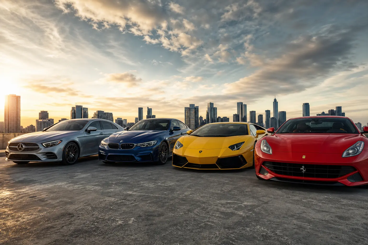 Логотипи автомобільних брендів: зірка Mercedes, пропелер BMW, бик Lamborghini і коні Ferrari