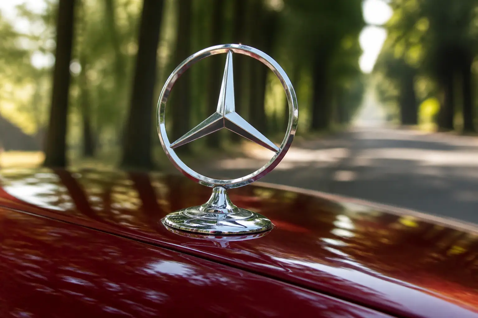 Крупний план трипроменевої зірки Mercedes на капоті вінтажного автомобіля