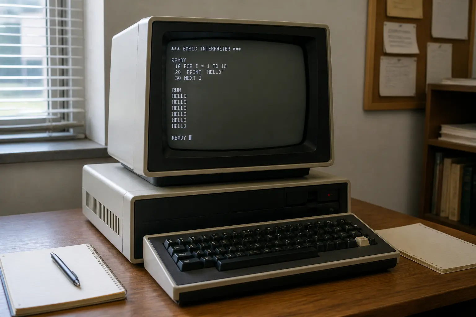 Ретро-компьютер 1970-х годов с монитором, показывающим интерфейс BASIC