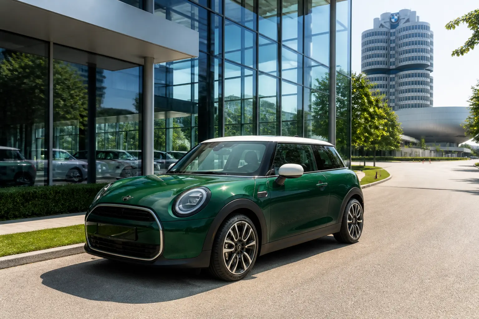 Сучасний компактний хетчбек MINI з контрастним білим дахом біля сучасної будівлі