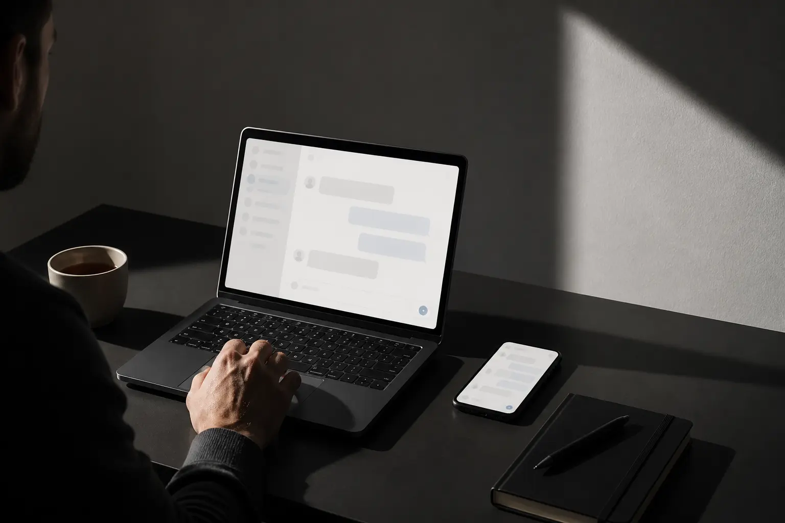 Пользователь работает с чат-ассистентом на ноутбуке и смартфоне