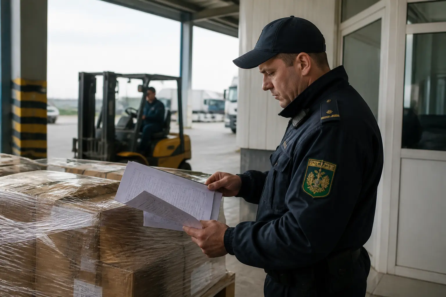 Митний контроль вантажних документів біля палет у портовому складі