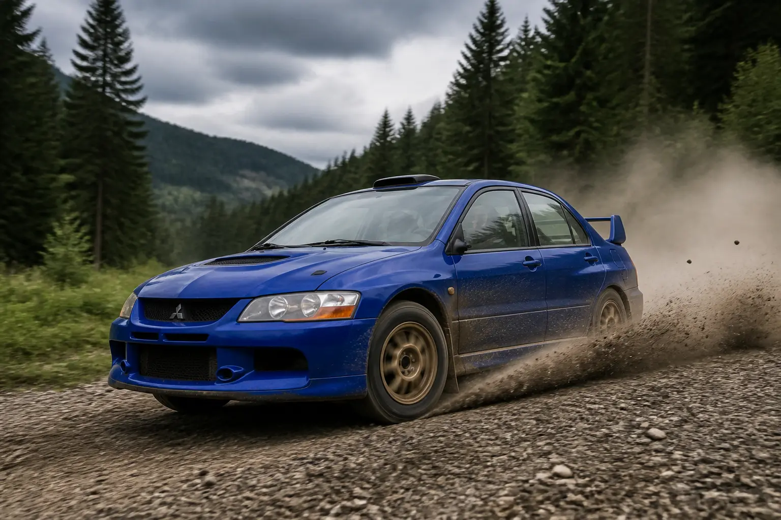 Раллийный Mitsubishi Lancer Evolution на гравийной трассе