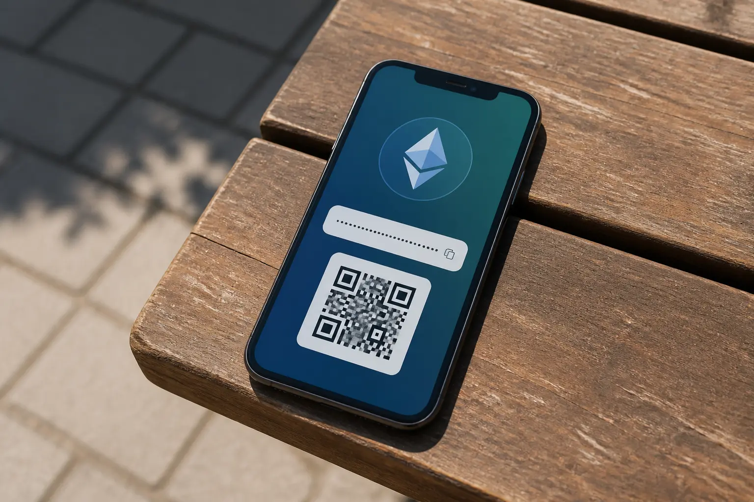 Смартфон з відкритим mobile wallet на дерев'яному столі