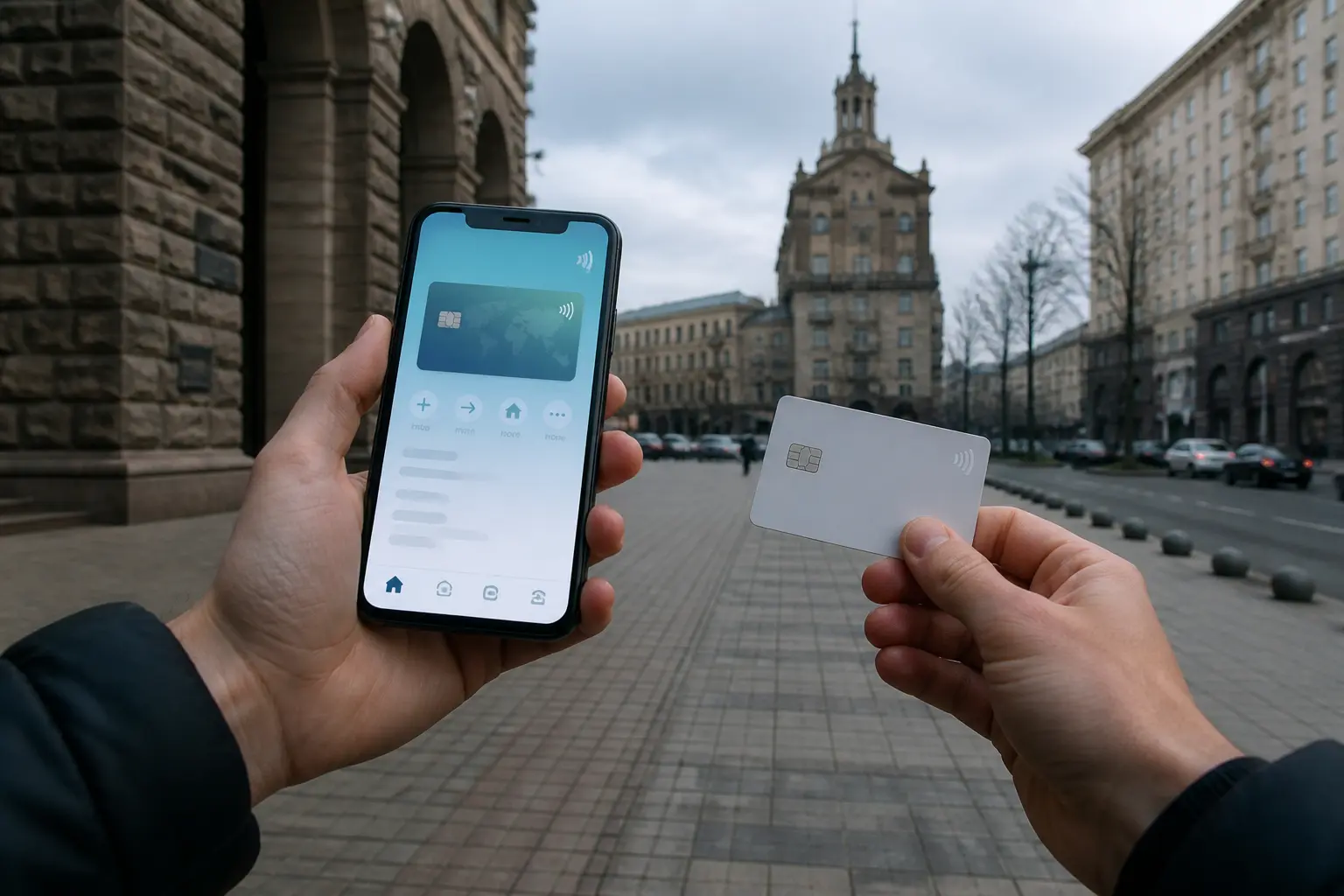 Смартфон із банківським застосунком і біла картка в руці на тлі міста