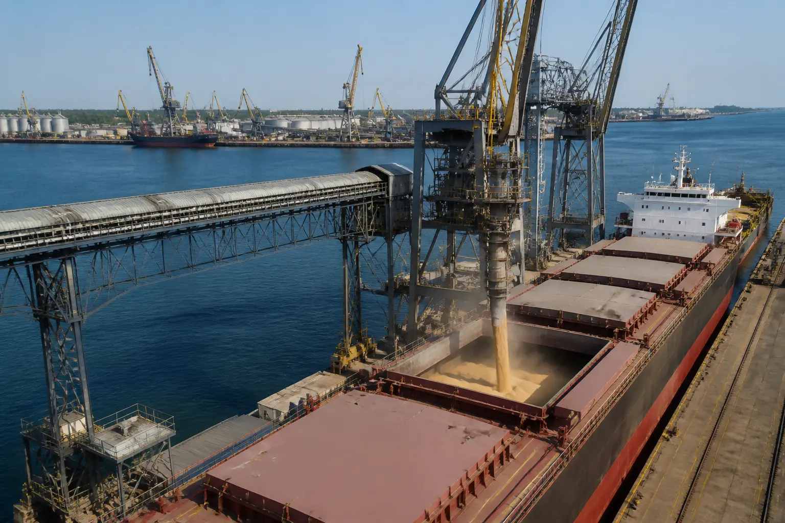Загрузка зерна на сухогруз в глубоководном порту Одесской области