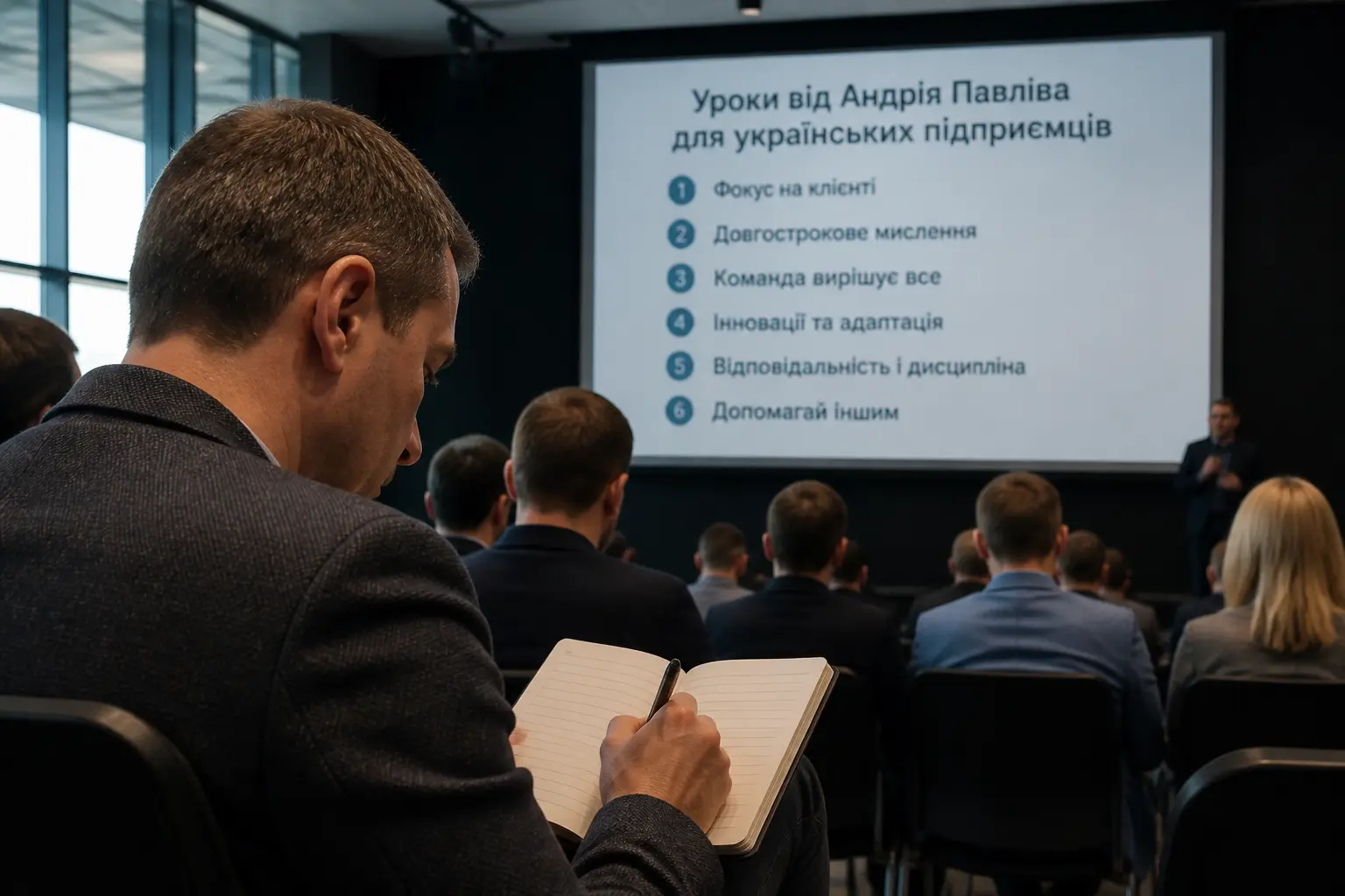 Український підприємець записує уроки з виступу на конференції