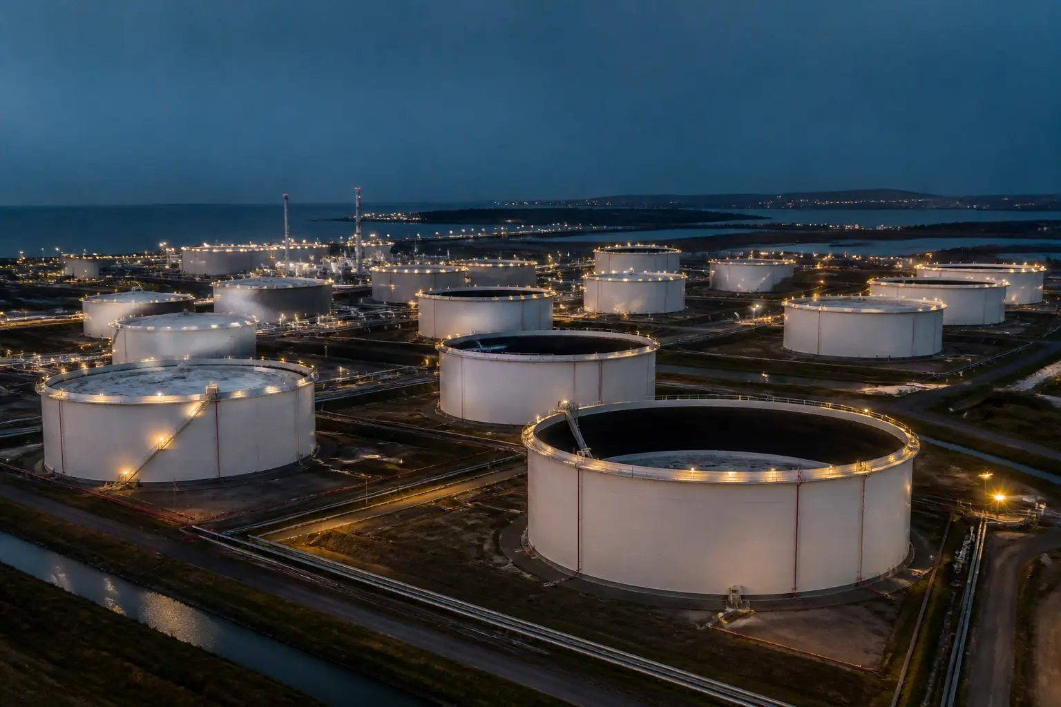 Великі резервуари стратегічного нафтового сховища під відкритим небом