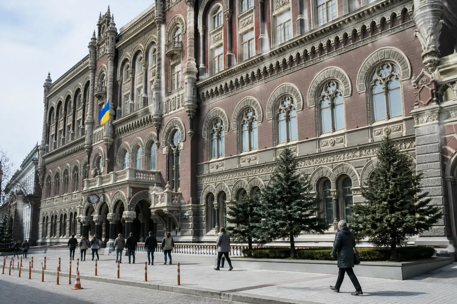 Будівля центрального банку з колонами у денному світлі